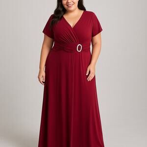 R&M Richards 16W Burgundy Maxi Evening Gown with Rhinestone Waist Detail